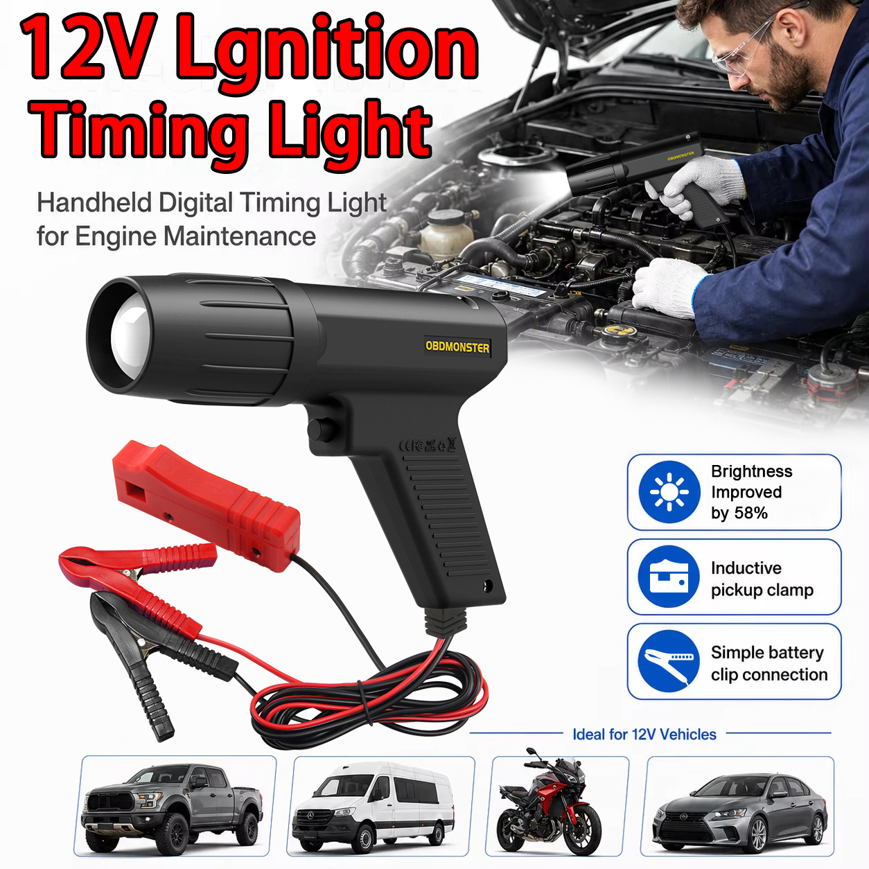 Timing Light Gun - 12V 誘導点火タイミングライト車オートバイガソリンエンジン点火タイミングストロボランプ自動車海洋修理ツール