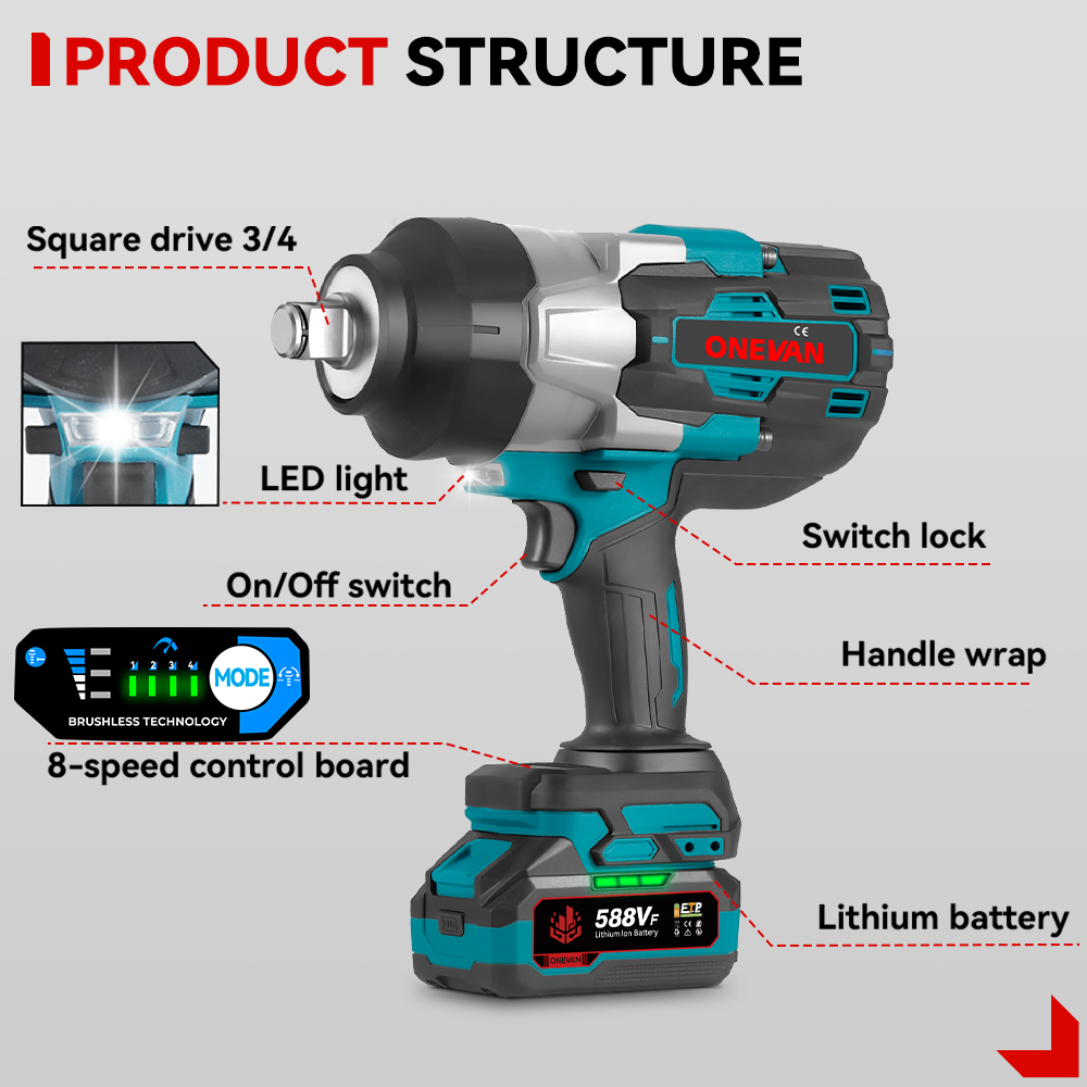 1000W電動インパクトレンチ コードレス ブラシレス 3/ - Torque Wrench のレビューと価格